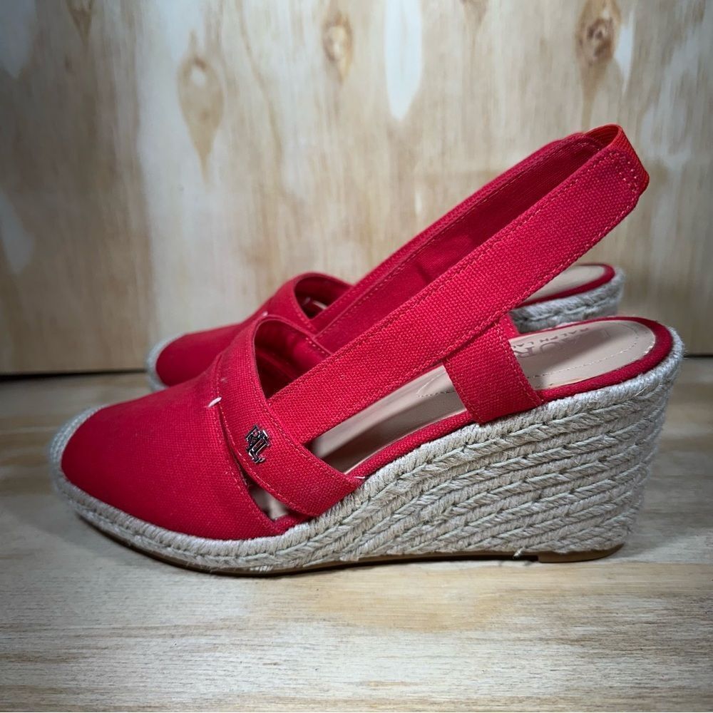 Lauren Ralph Lauren Red Canvas Espadrille Wedge Sandals